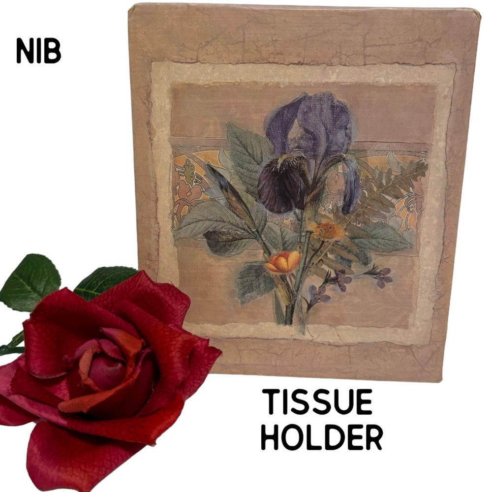 Decorative tissue box holder Viva Palm floral iris purple tan Avanti Linens NIB